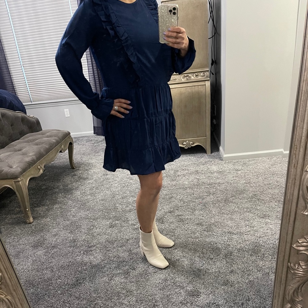 Navy Blue Solid Ruffle Dress